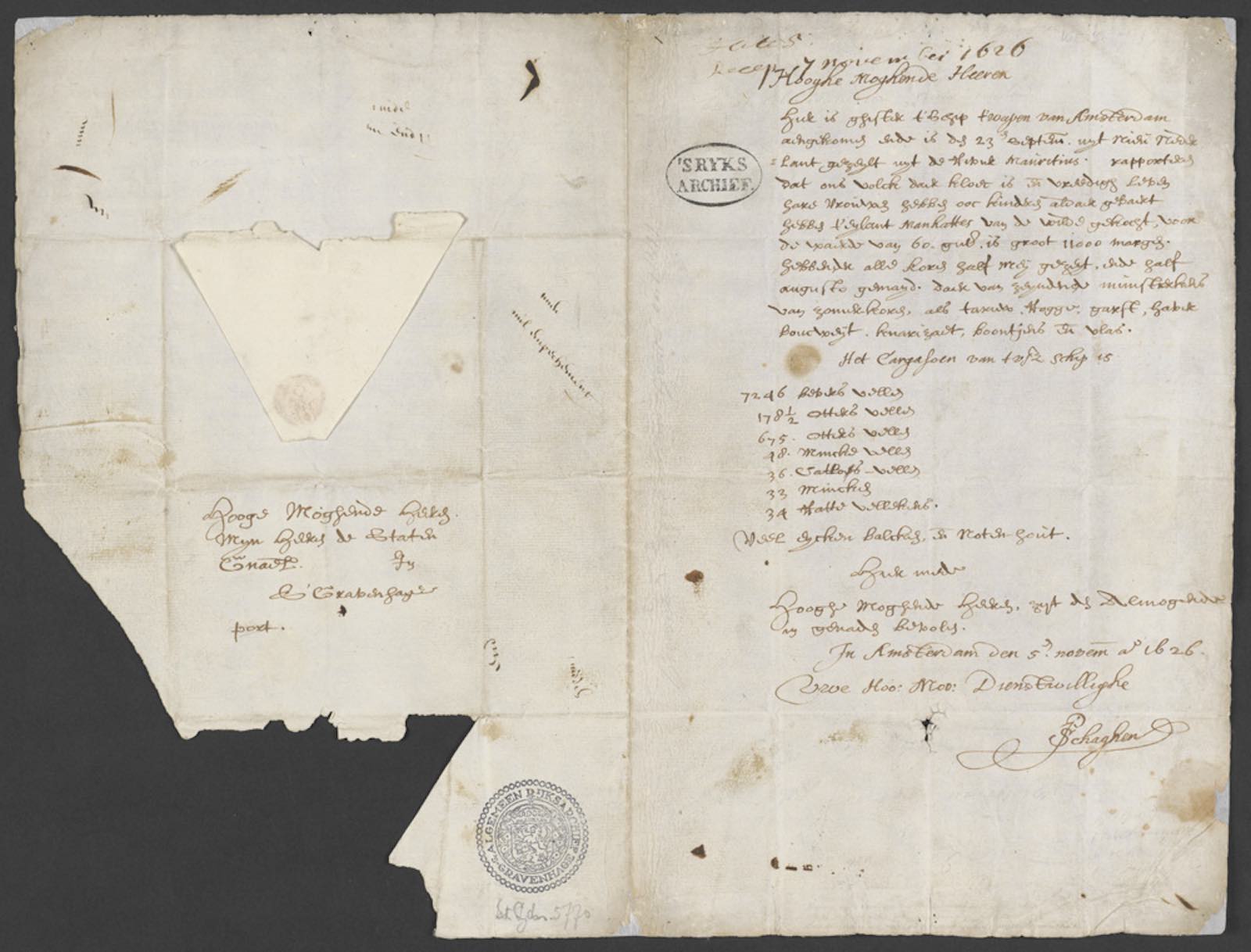 Pieter Schagen, letter describing the "purchase" of Manhattan, November 5, 1626