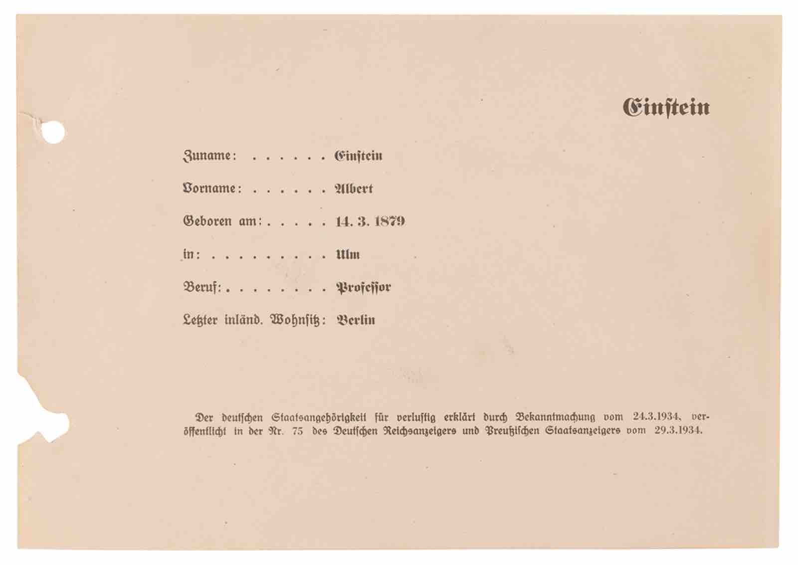 Einstein's Nazi Germany denaturalization document