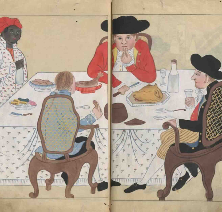 Illustration of men dining in the Dutch enclave of Dejima in Nagasaki, Japan, from Nagasaki hyōsho zu–Karafune hyōsho zu (Illustrated Record of Nagasaki–Illustrated Record of Chinese Ships), 1807. 