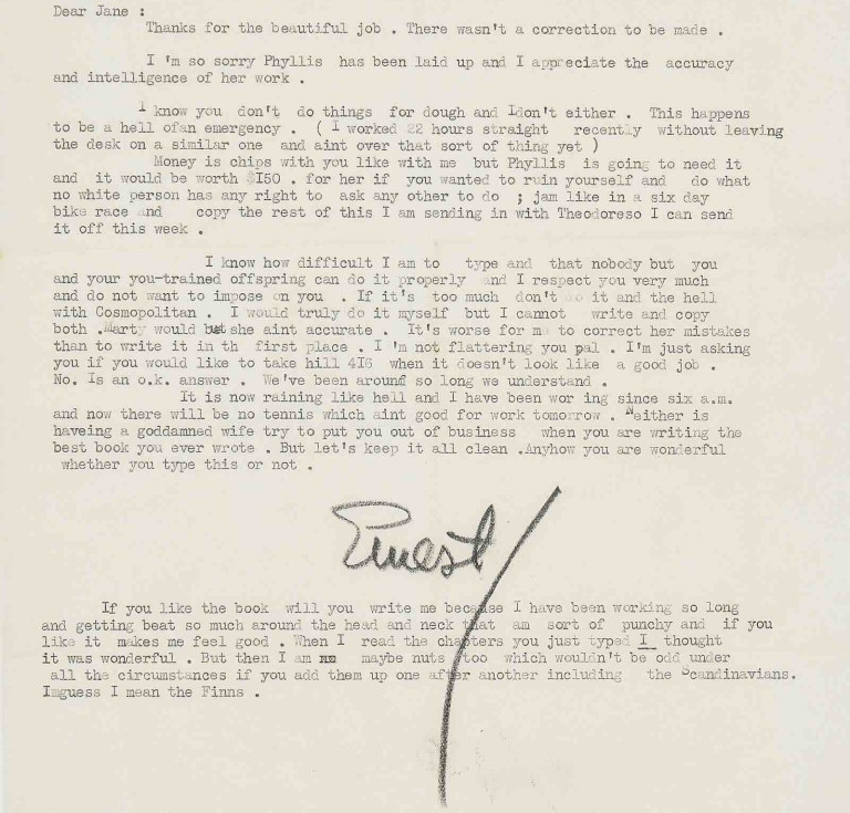 Ernest Hemingway typed letter, signed, referencing his 1940 novel For Whom the Bell Tolls
